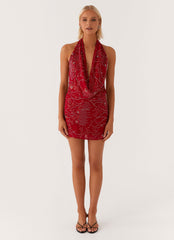 Olisa Cowl Neck Beaded Mini Dress - Red